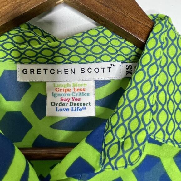 Gretchen Scott Shirt Womens XS Green Blue Geometric Print Button Up Top - Picture 3 of 7
